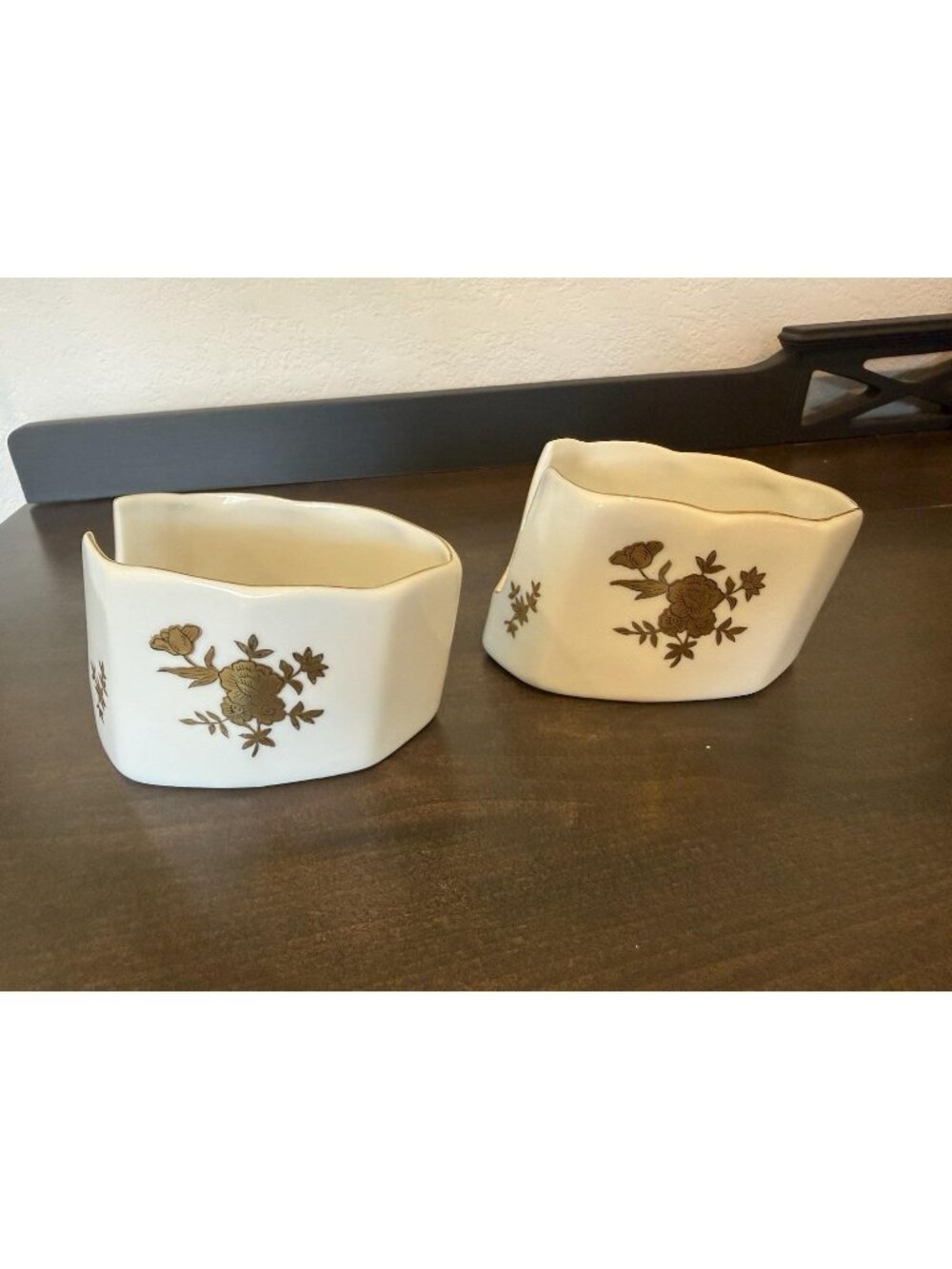 Vintage Andrea by Sadek White Porcelain Spoon Holders Rest 7736 Gold Flowers Set